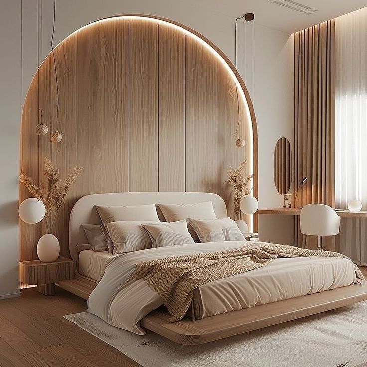 Contemporary Minimalist Bedroom with Curved Feature Wall
